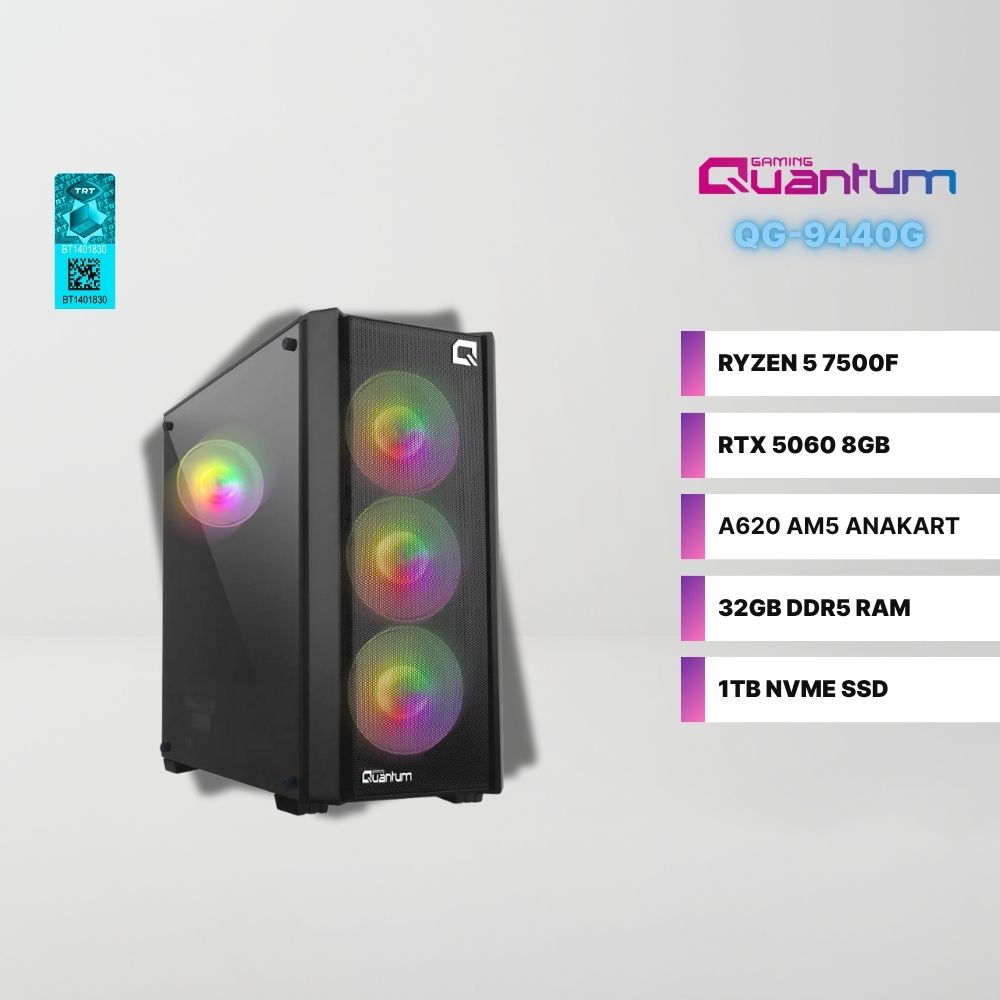 Quantum Gaming QY1610 Amd Ryzen 5 7500F 32GB DDR5 1TB NVMe RTX 5060 8GB Freedos Oyuncu Bilgisayarı