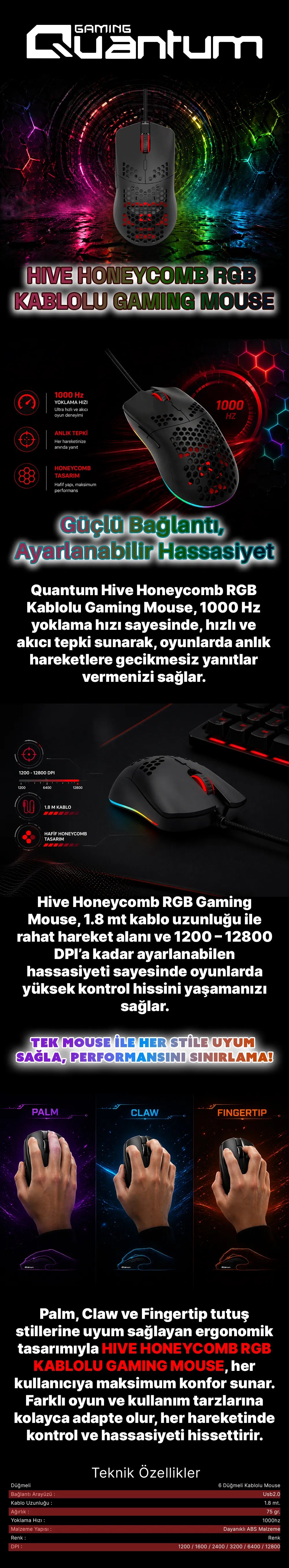 Quantum Gaming Hive Honeycomb Rgb 12800 Dpi Huano Switch Gaming Kablolu Mouse